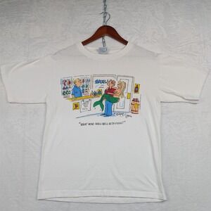 Vintage What Goes Well With Fish Art Funny T-Shirt Mens M White Nude Lady 90s